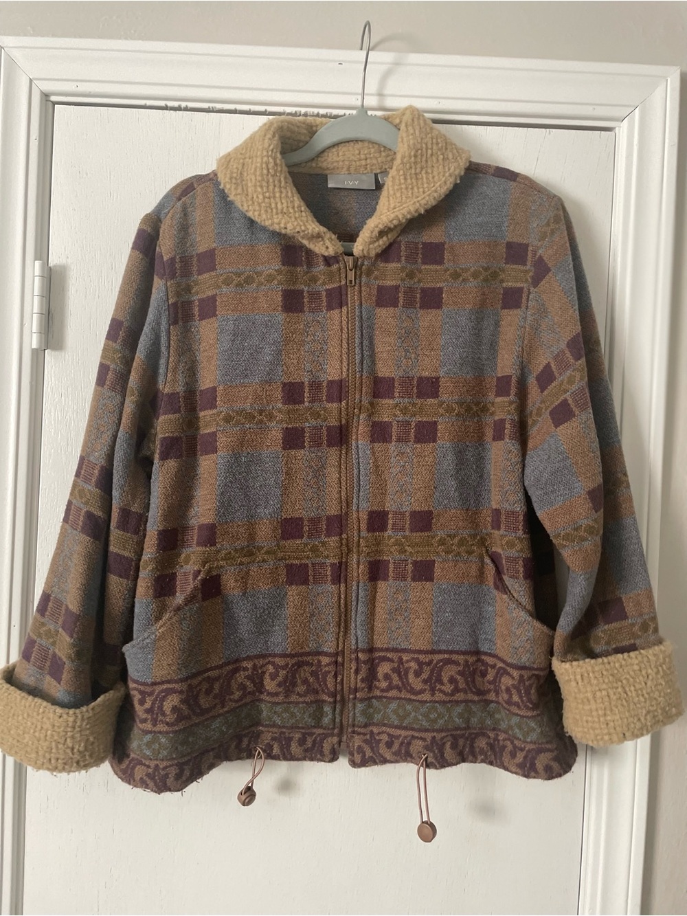 Plaid Sherpa-Trim Teddy Jacket in Beige, Gray & Brown